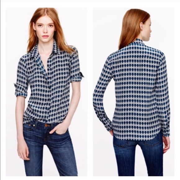 J. Crew Tops - • J. Crew • Owl Print Boy Blouse Silk Blue 0
